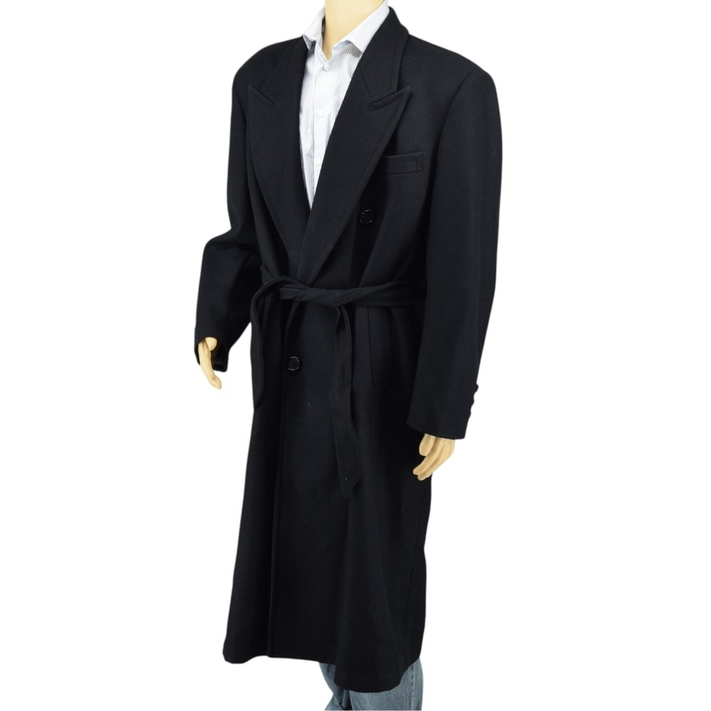 Vintage Successo Uomo Wool Blend Black Double Breasted Belted Long Overcoat Sz L